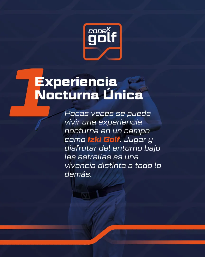 Golfista en pleno swing, primera razón de la Experiencia Codex Golf: la experiencia nocturna única en Izki Golf